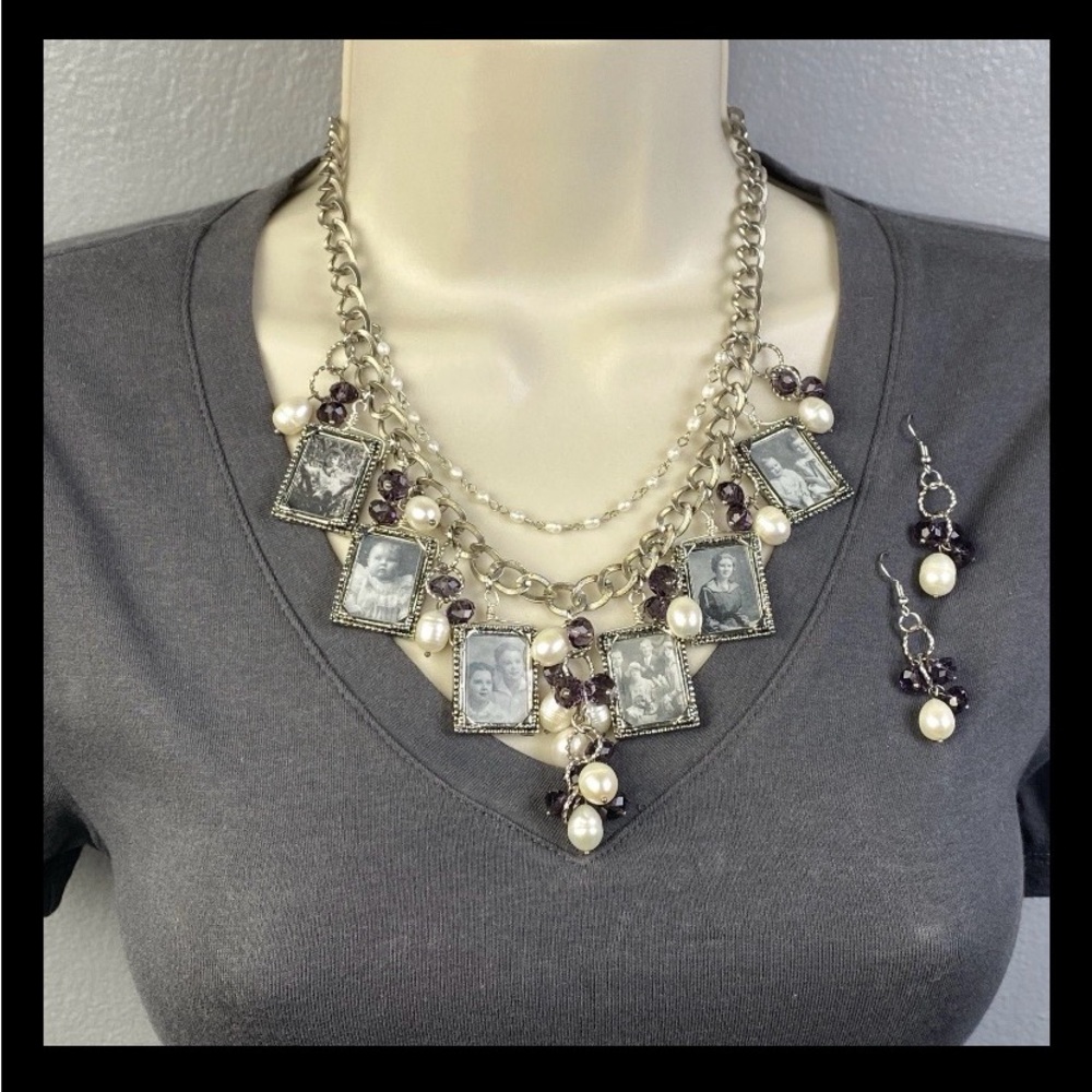 Necklace Earrings Set Glass Bead Upcycled Handmade Picture Frames 17.5" -21.5"